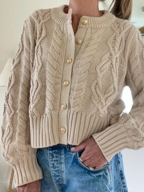 Chunky Cable Knit Gold Button-Front Cardigan Sweater Aran Fisherman Cream Large